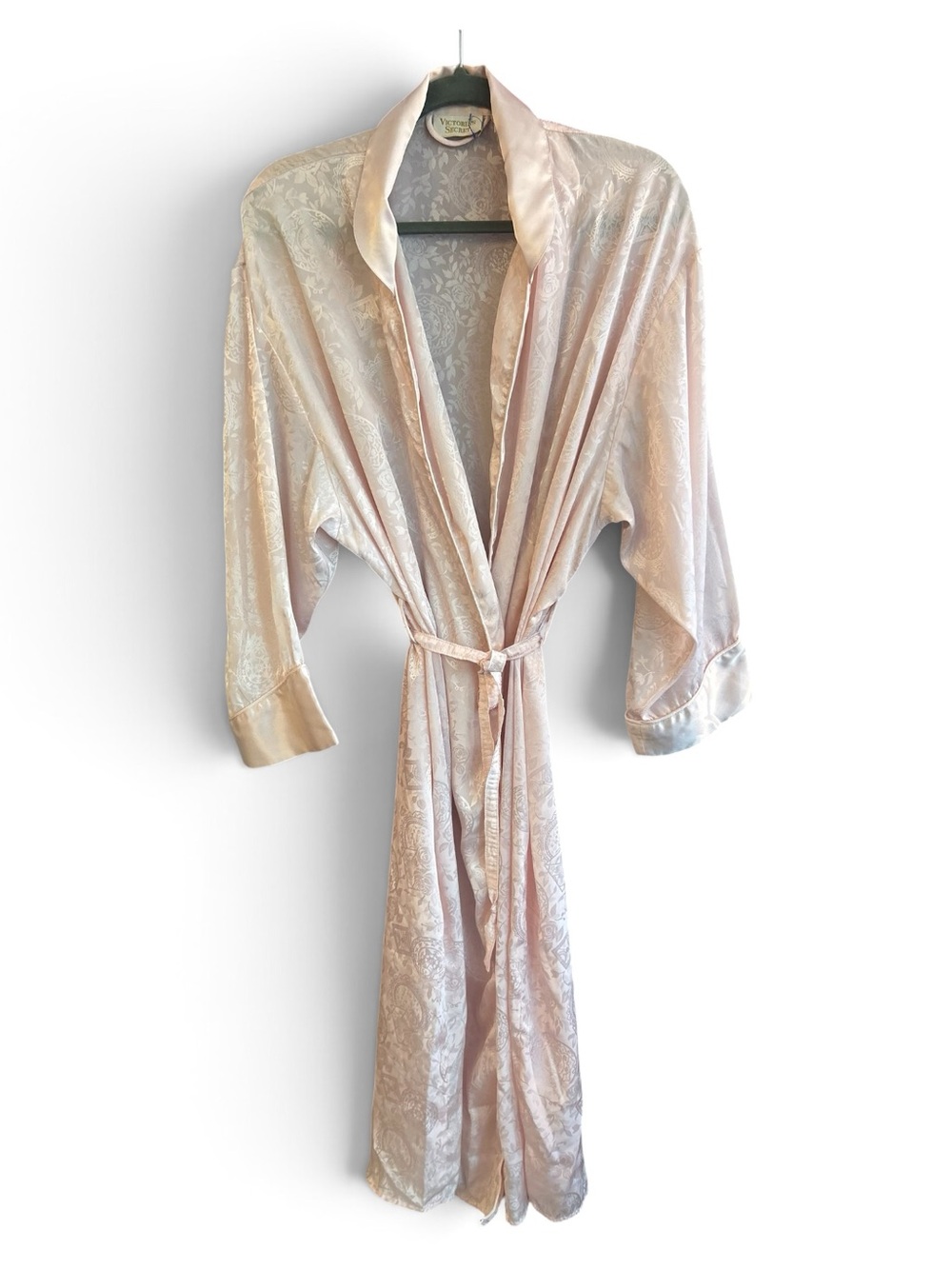 Vintage Victoria's Secret  Gold Label Pale Blush Satin Lace-Pattern Robe ML